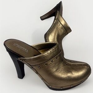 Y2K Michael Kors Metallic Gold leather Studded Mules wood heel platform clogs